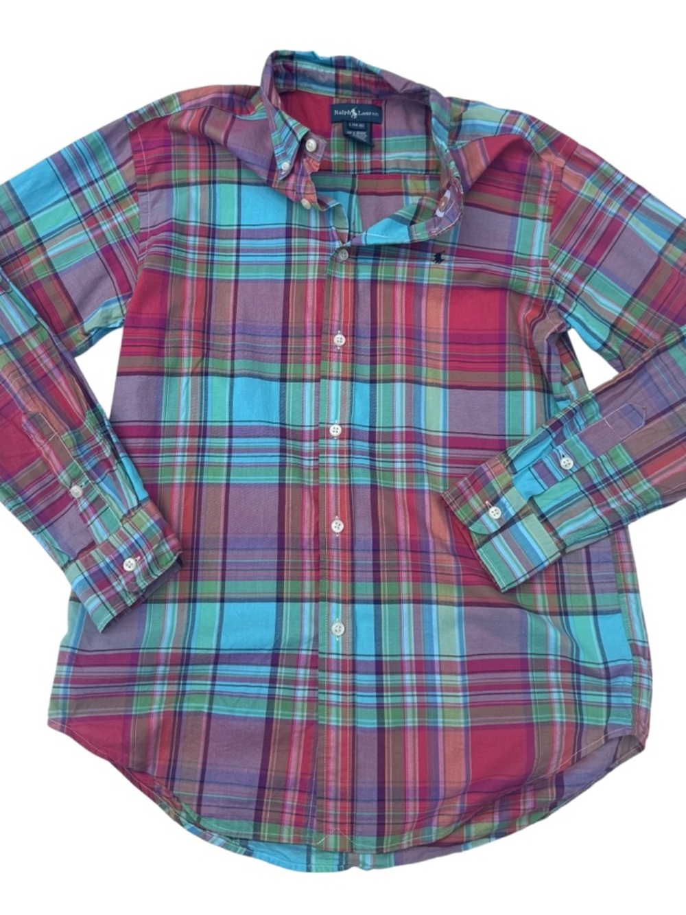 Ralph Lauren Red, Aqua and baby blue Plaid Button-Down Lightweight Boys Sz 14/16